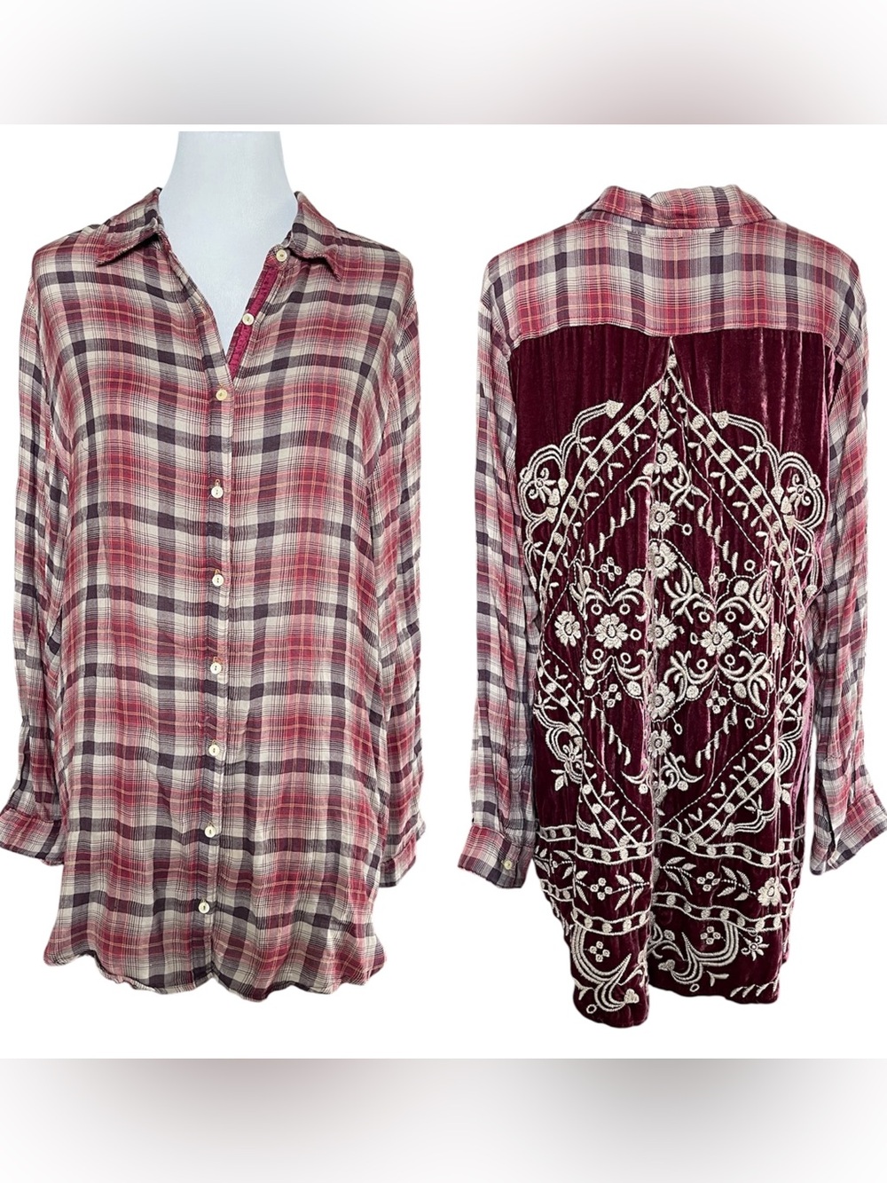 Johnny Was 3J Workshop embroidered velvet plaid button down shirt